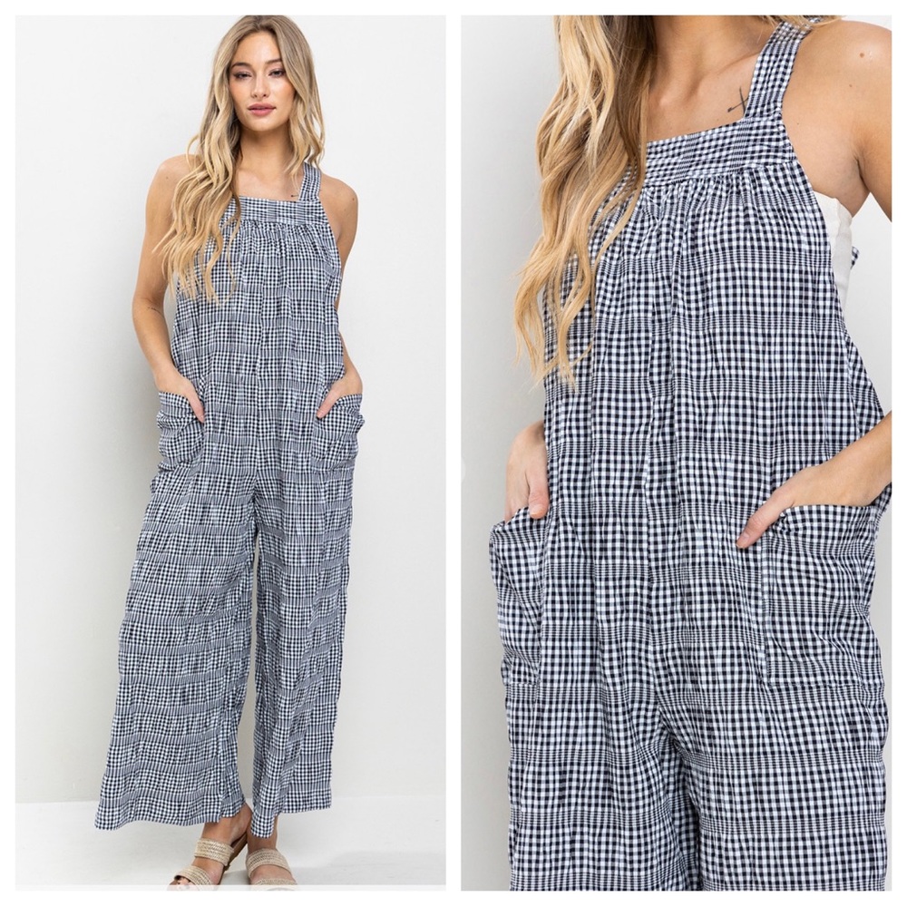 15 Boho Loose fit Plaid Wide-Leg Jumpsuit Side Pockets and adjustable straps - Picture 4 of 4
